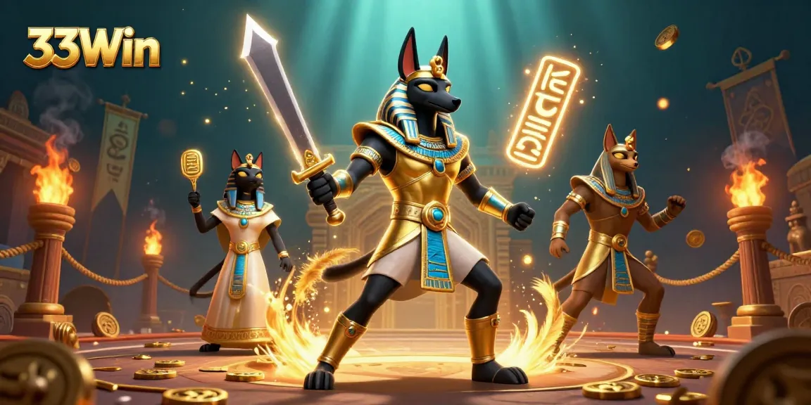 Experience 33Win excitement with a dynamic 3D illustration of ancient Egyptian warriors amidst a vibrant gambling atmosphere.