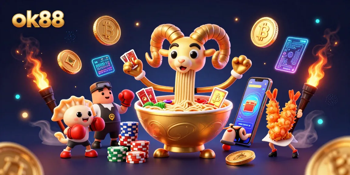 ok88 engaging with a vibrant casino scene featuring a golden ramen bowl dealer and cheering tempura shrimp.