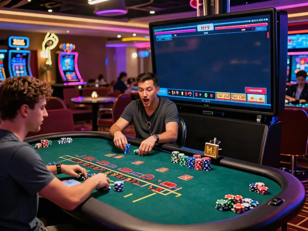 H19 online casino scene with live dealer, engaged players, and vibrant atmosphere.