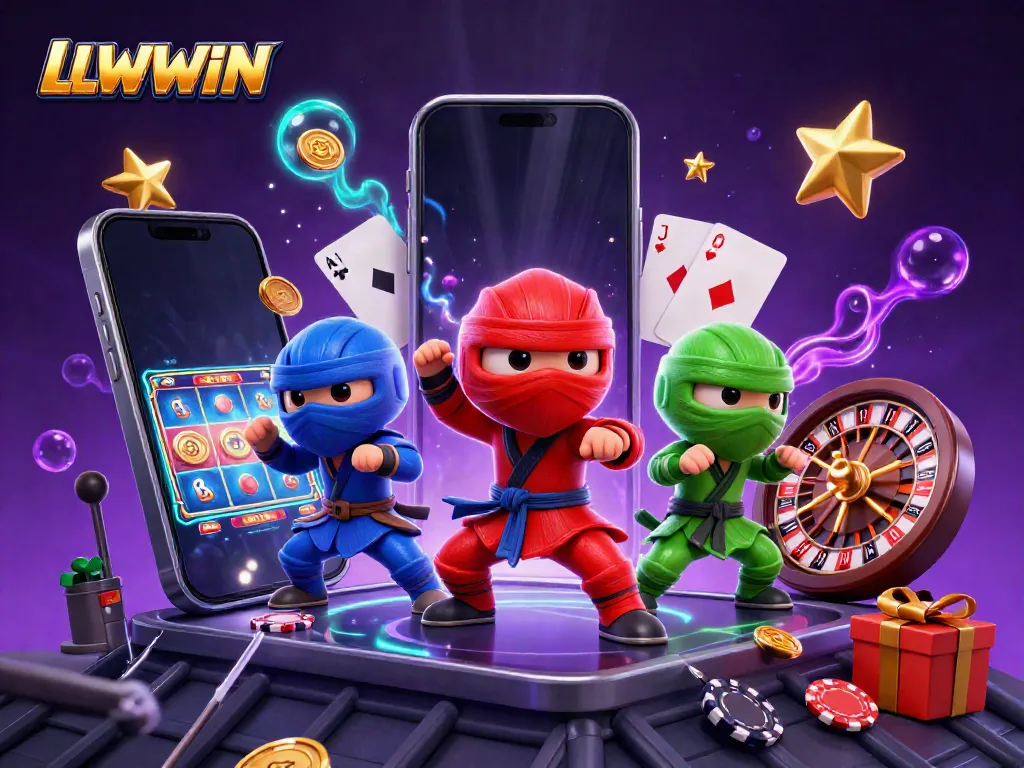 LLWWIN captures the action with ninja chameleons showcasing dynamic martial arts moves in an electrifying casino environment.