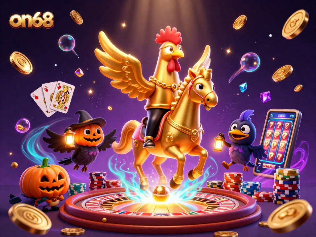 Win big with on68 at the midnight casino, showcasing vibrant games and gold coins.