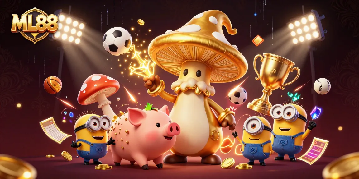 ML88 wizard casting gold spells while treasure-hunting with pig, dynamic sports elements around
