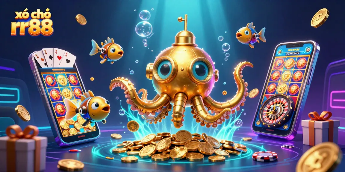 Experience the excitement of xổ số rr88 with a vivid underwater scene of cartoon characters and gambling elements.