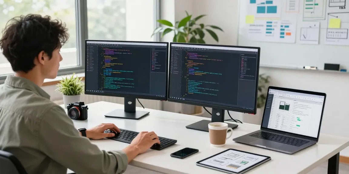 Dynamic workspace with a developer coding SaaS software in a bright office setting.