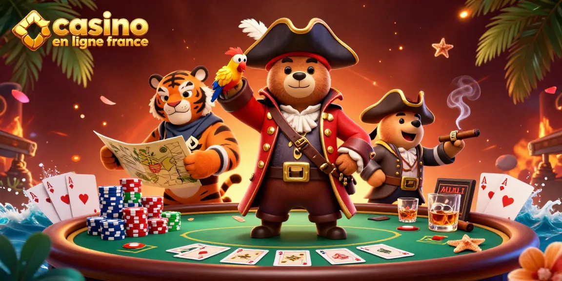 Découvrez l'illustration captivante sur le casino en ligne France, avec un ours pirate et des éléments de poker.