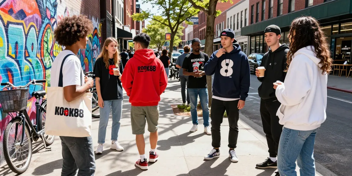Young adults exploring rokok88 fashion merchandise in an urban setting.