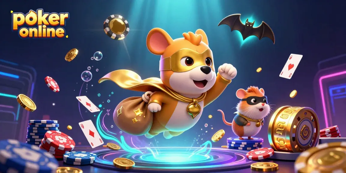Jouez au poker en ligne avec le chien super-héros, porteur d'une bourse d'or et un hamster masqué