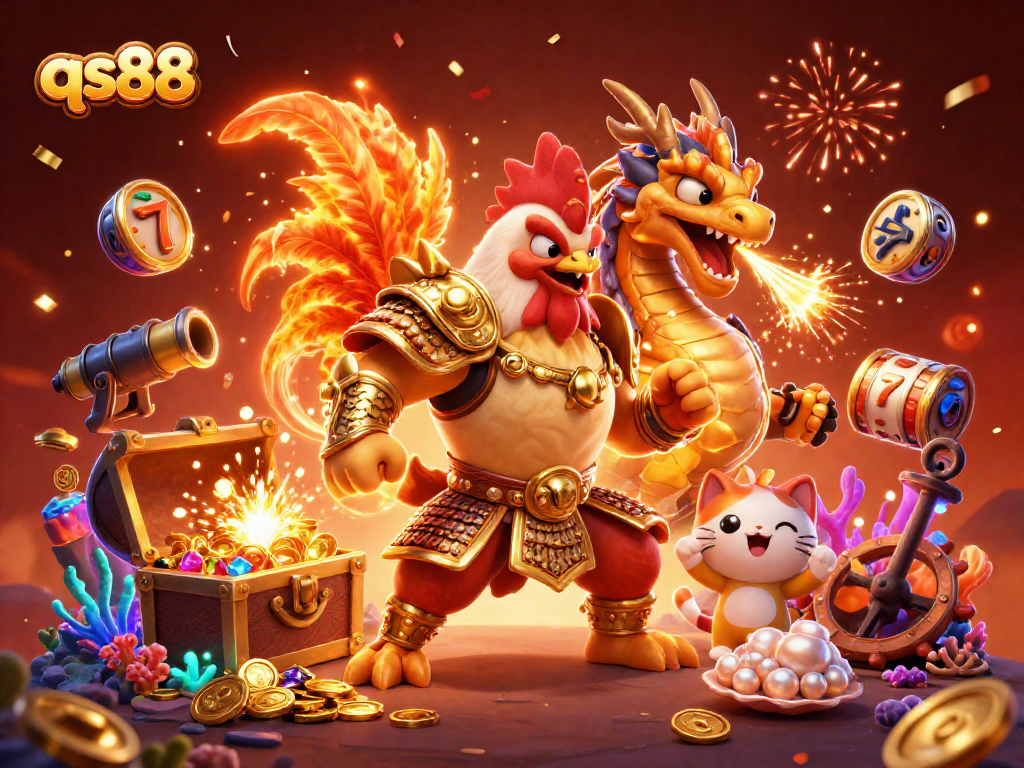 Experience thrilling wins with qs88 through an exciting scene of a warrior rooster and dragon in a vibrant casino setting.