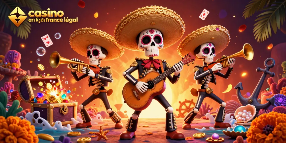 Illustration festive de casino en ligne france légal avec une mariachi et des éléments colorés de jeu.