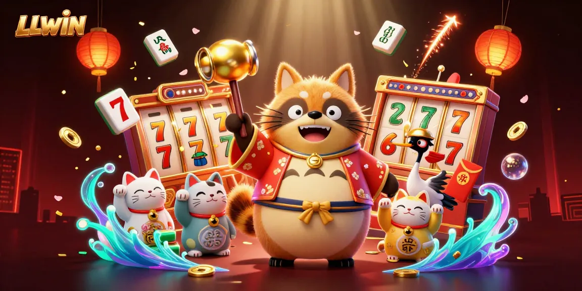 Experience the excitement of LLWIN with the cheerful tanuki and casino-themed elements in this vibrant illustration.