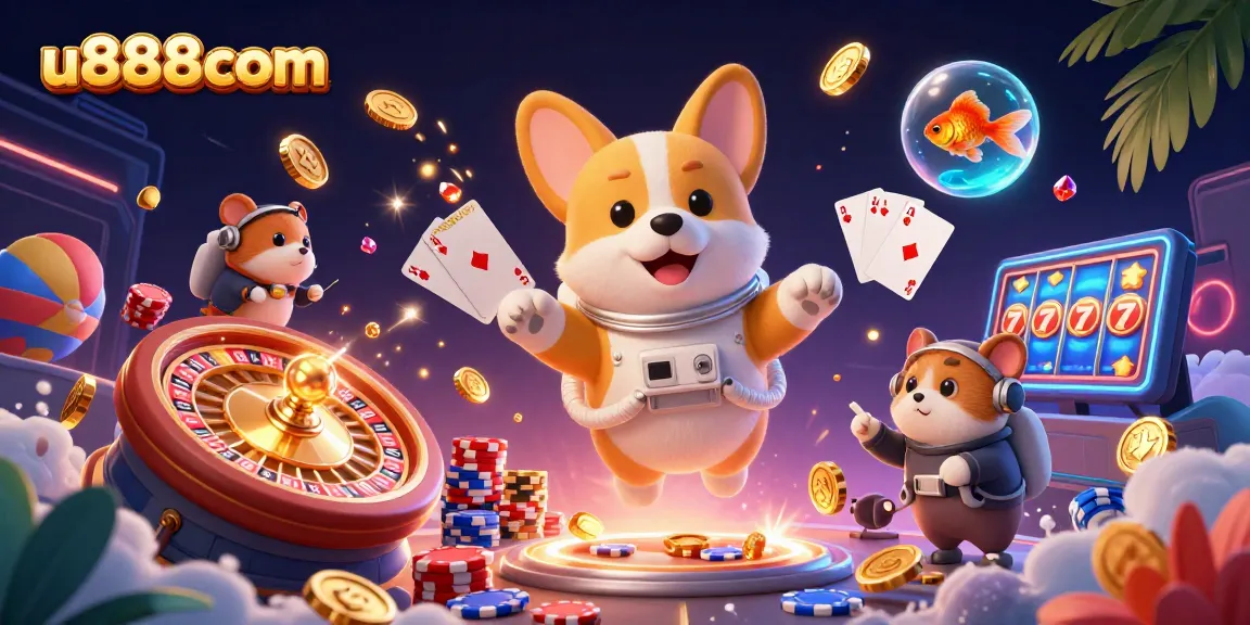Experience thrilling gameplay with u888com's lively space-themed casino illustration featuring an astronaut corgi.