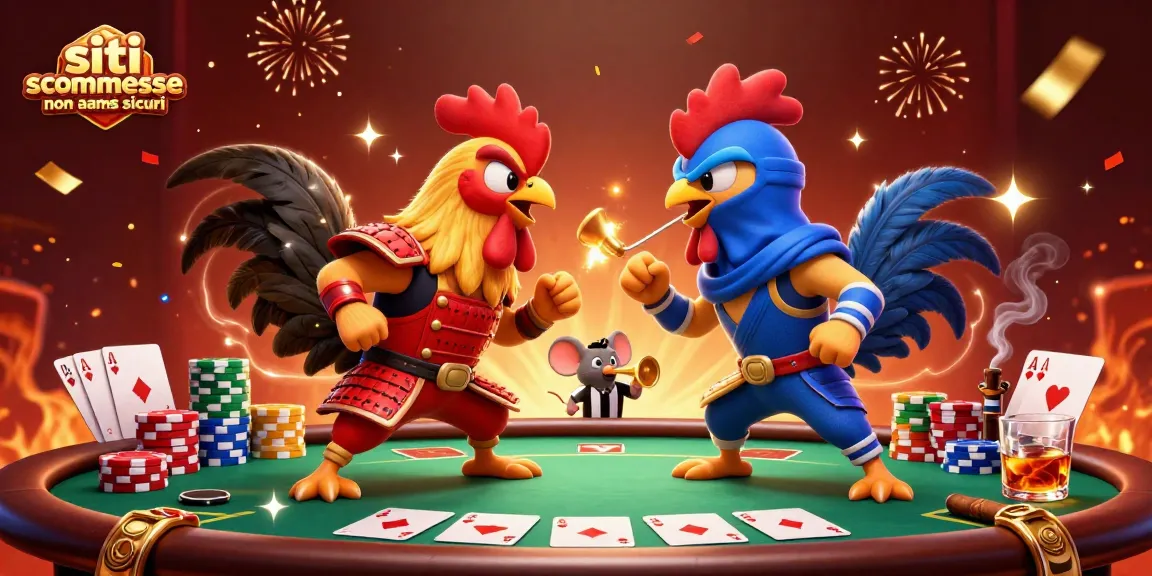 Lotteria di siti scommesse non aams sicuri con galli combattenti, tavolo da poker e confetti.