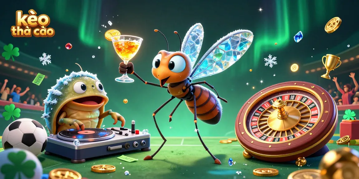 Engage with kèo nhà cái through this vibrant 3D scene featuring a mosquito casino mascot and a trilobite DJ.