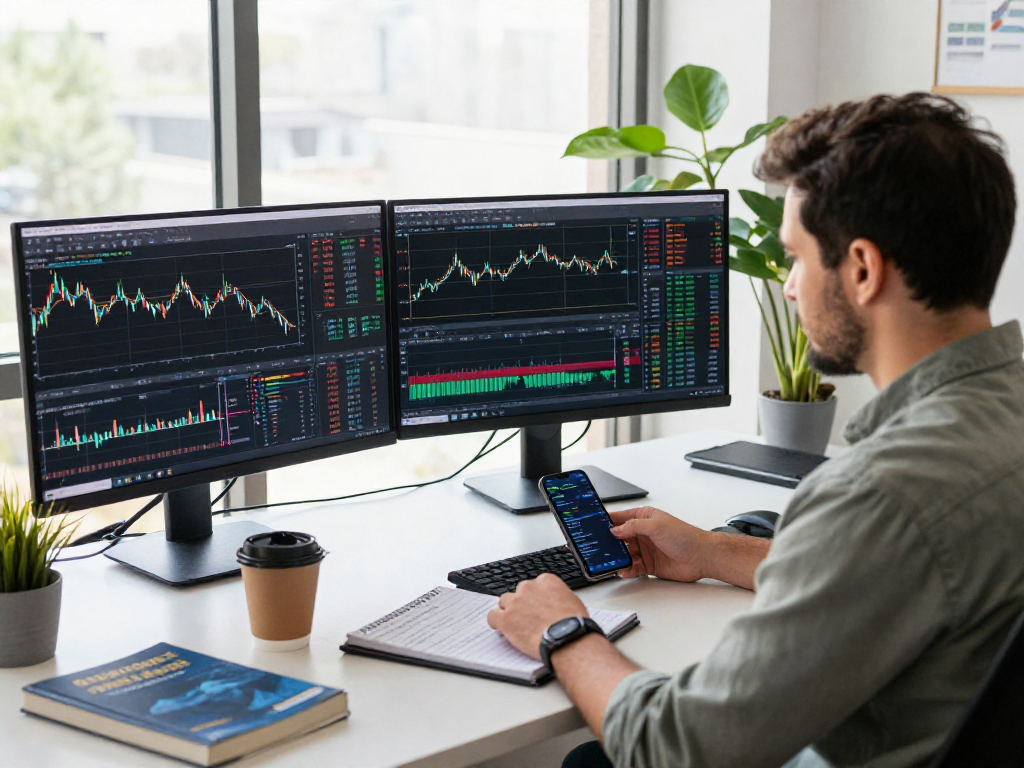 trader using metatrader 5 on multiple screens in a bright office