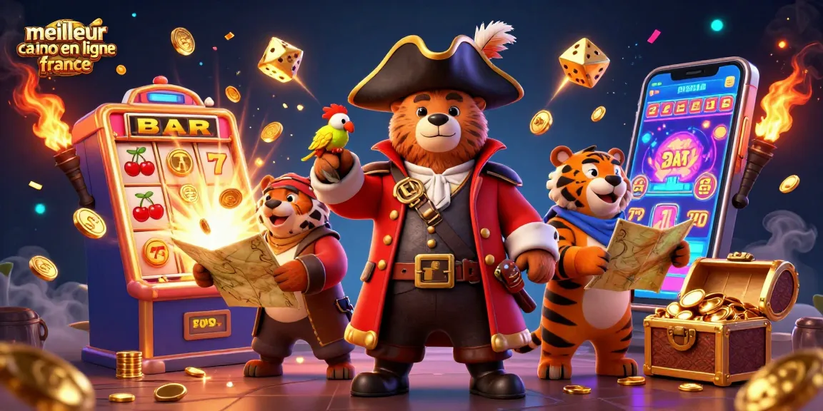 Illustration dynamique du meilleur casino en ligne France, présentant un ours pirate avec un tigre et un perroquet en pleine action.