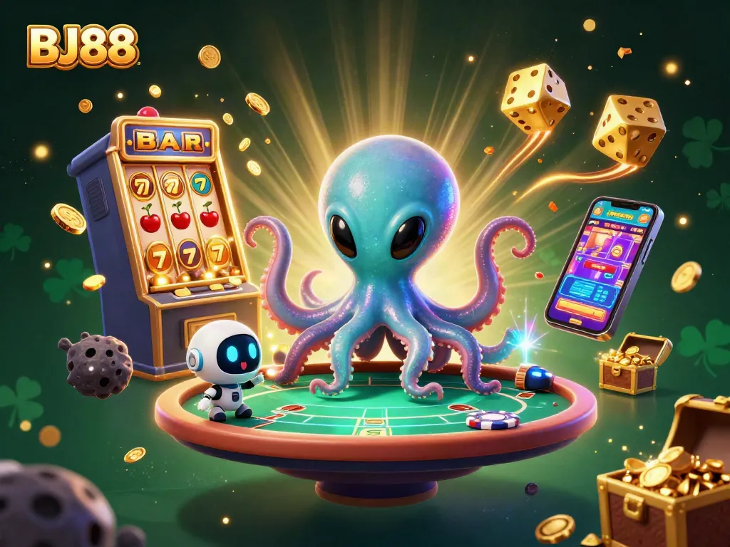 Experience the excitement of BJ88 with a vibrant scene of alien characters at a virtual poker table.