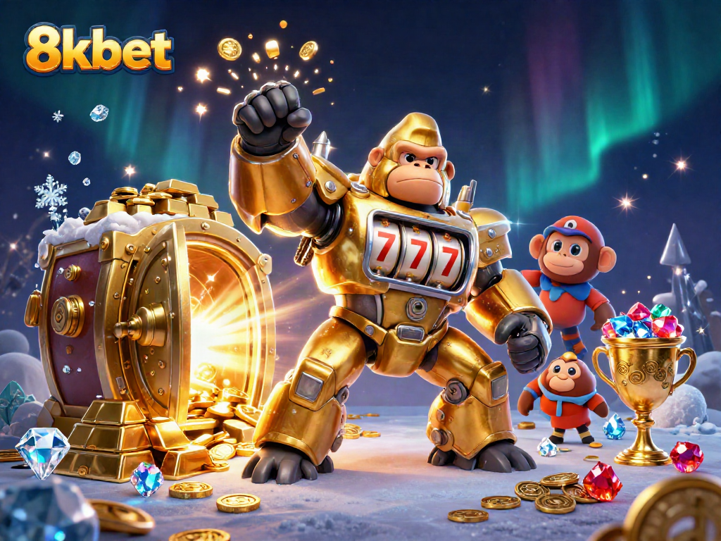 Experience the thrill with 8kbet's golden gorilla mech amidst explosive treasures in this vibrant casino scene.