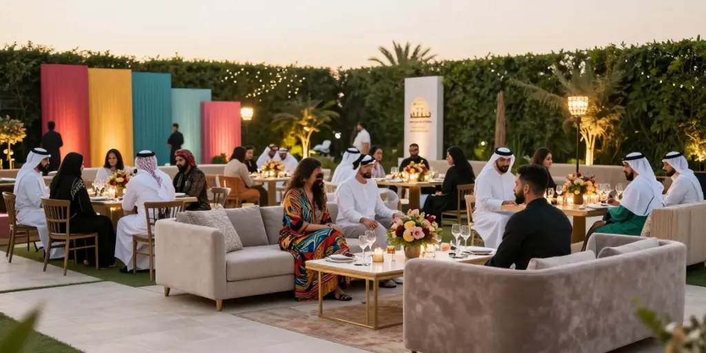 Event furniture rental at an elegant outdoor gathering in Saudi Arabia with stylish seating and ambient decorations.