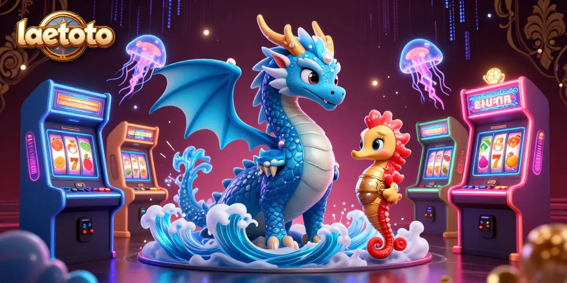 Engage with laetoto's vibrant 3D casino scene featuring a mystical dragon and exciting slot elements.