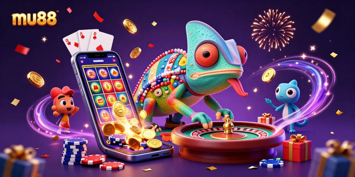 Experience the vibrant world of gambling with mu88, featuring a chameleon casino owner capturing golden coins amidst exciting games.