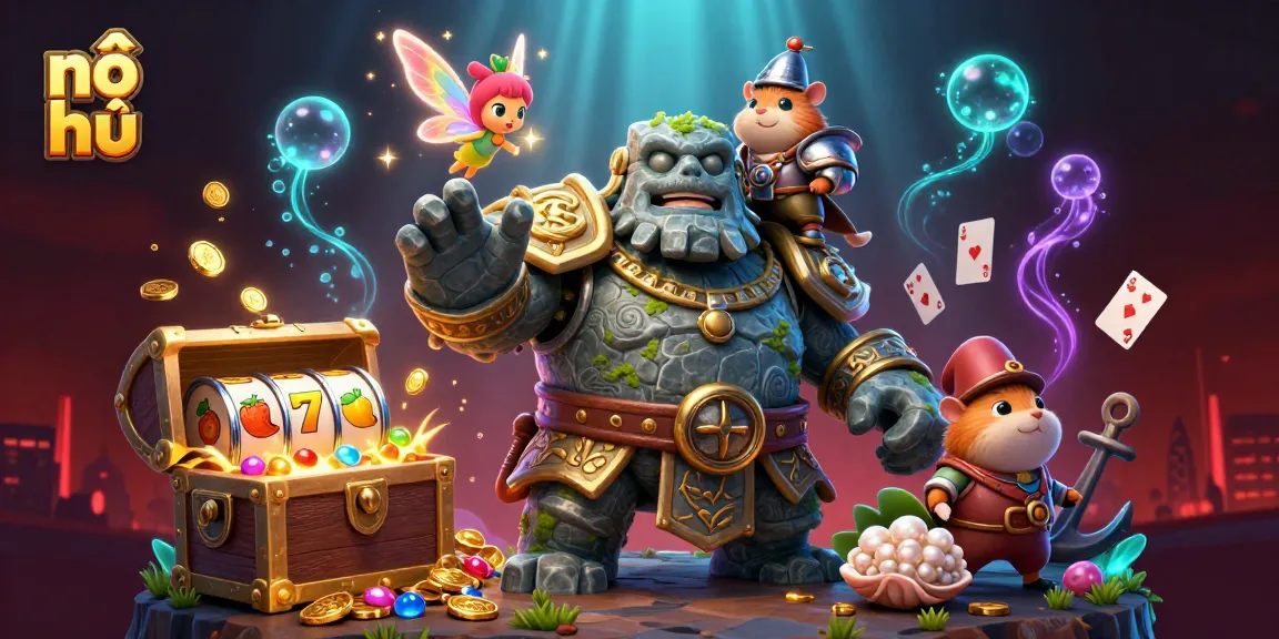 Experience nổ hũ excitement with dynamic characters, gold coins, and vibrant slot reels!