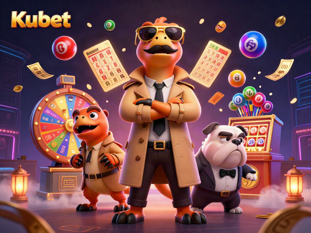 Kubet raptors amusingly attempting to enter a VIP casino lounge, surrounded by colorful lottery elements