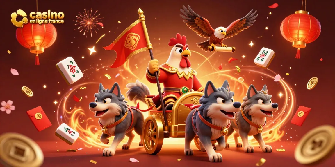Faites l'expérience du casino en ligne France avec une illustration dynamique, mettant en scène un seigneur coq en guerre.