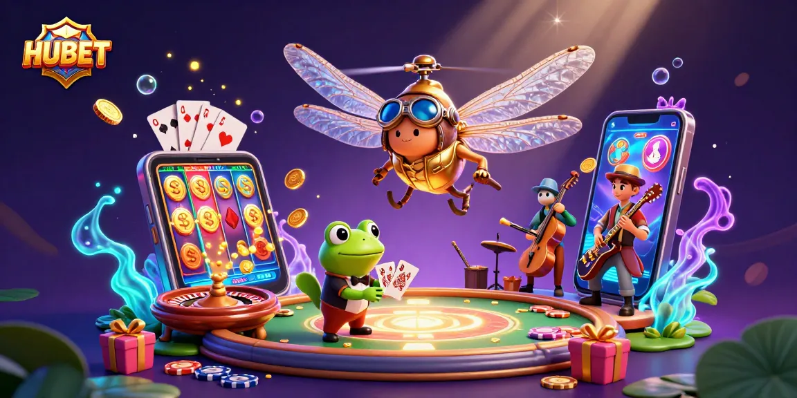Engage in exciting slots with HUBET while a playful dragonfly and croupier animate the casino scene.