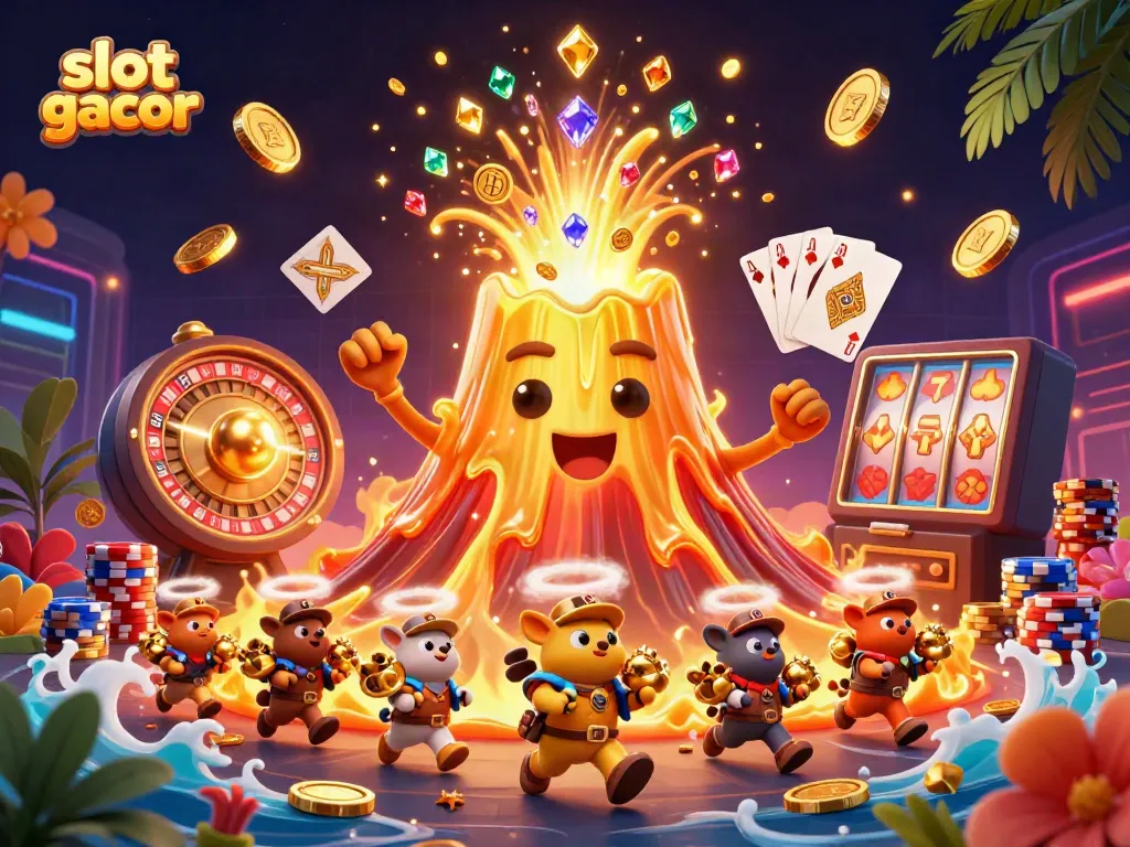Experience the excitement of slot gacor with a triumphant golden volcano erupting treasure in this vibrant 3D illustration.