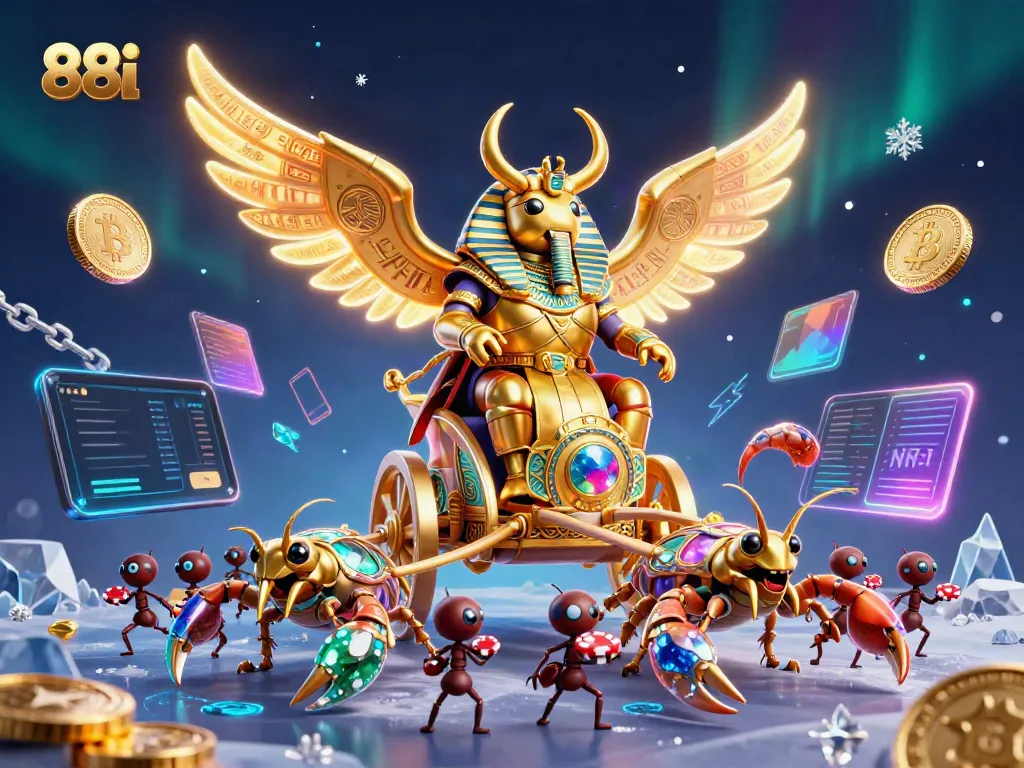 Engage in thrilling gameplay at 88i, where the colossal scarab beetle leads a majestic chariot amidst Bitcoin coins and neon blockchain elements.