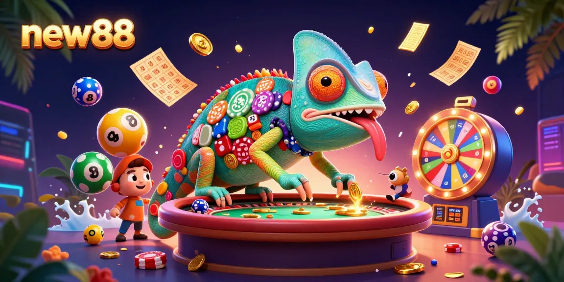 Engage with the vibrant world of new88, where a colorful chameleon casino owner snatches golden coins amidst a shower of lottery balls and exciting game elements.