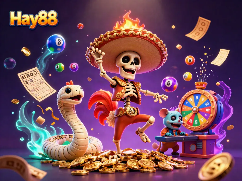 Experience excitement with Hay88, featuring vibrant characters dancing on a golden coin pile.