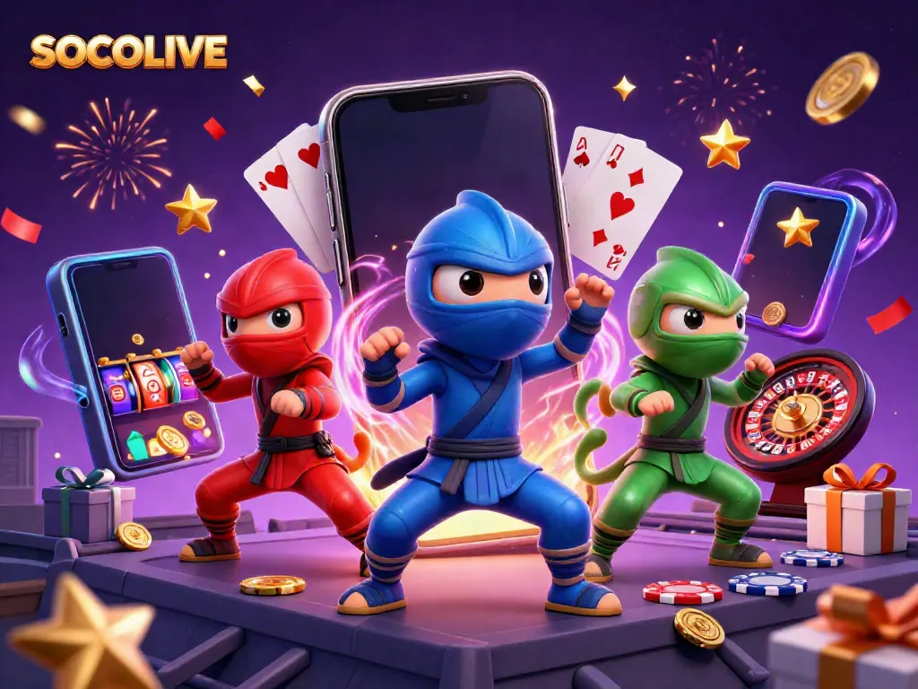 SOCOLIVE offers an exciting view of three chameleon ninjas surrounded by vibrant gambling elements.