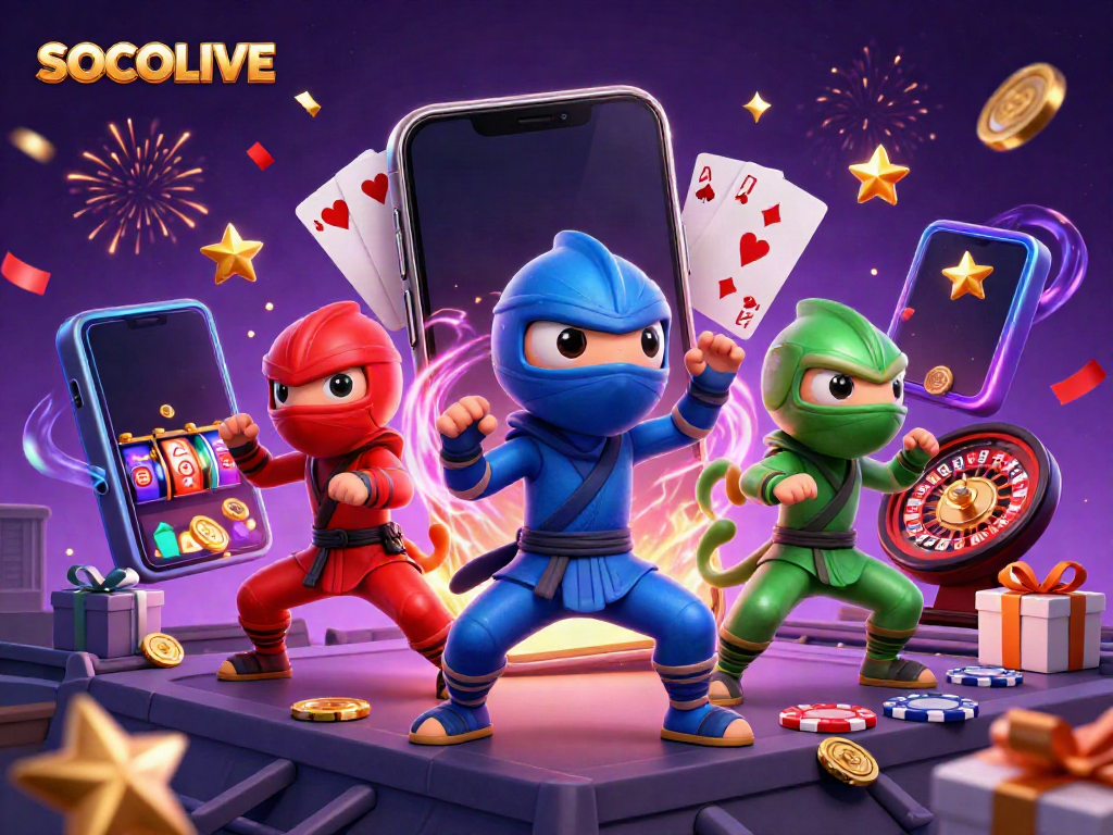 SOCOLIVE offers an exciting view of three chameleon ninjas surrounded by vibrant gambling elements.