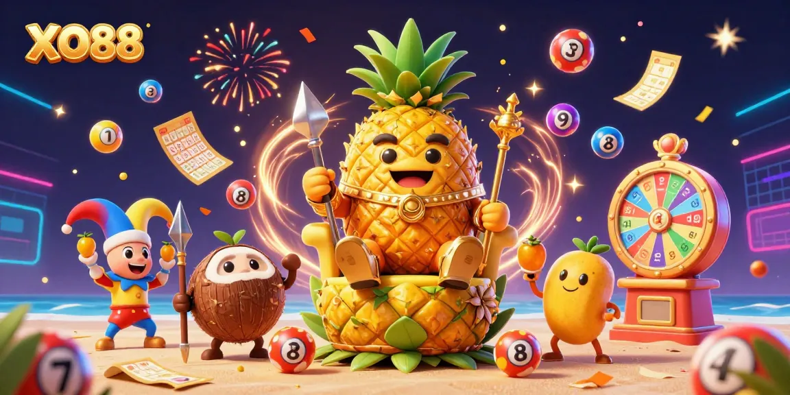 Engage with the joyful casino scene starring the XO88 pineapple king amidst exciting lottery elements and vibrant visuals.