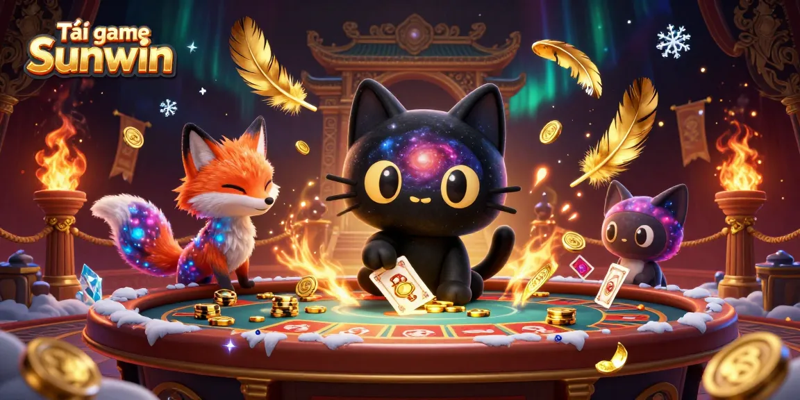 Tải game Sunwin at a cosmic casino with a black hole cat and nebula fox collecting chips.