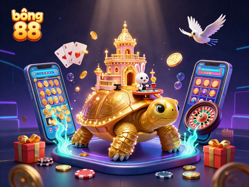 Experience the thrill of bóng 88 with a vibrant casino scene featuring golden tortoise and rabbit dealer.