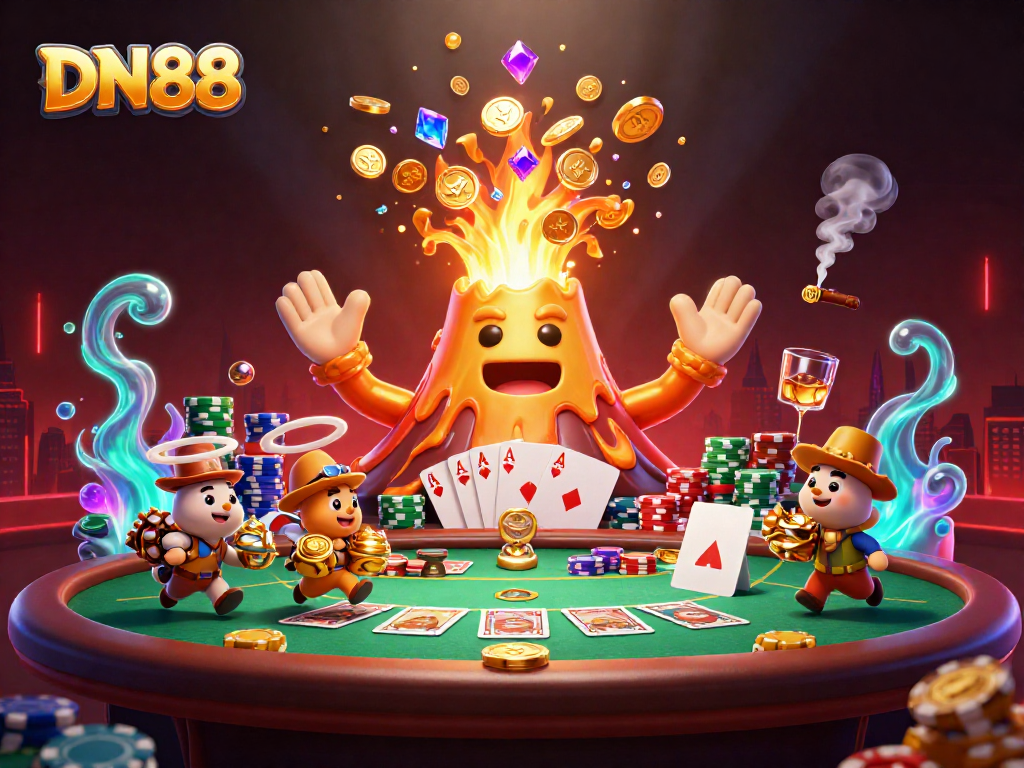 Engage with DN88, a vibrant 3D illustration showcasing a golden volcano amidst a dynamic poker scene.