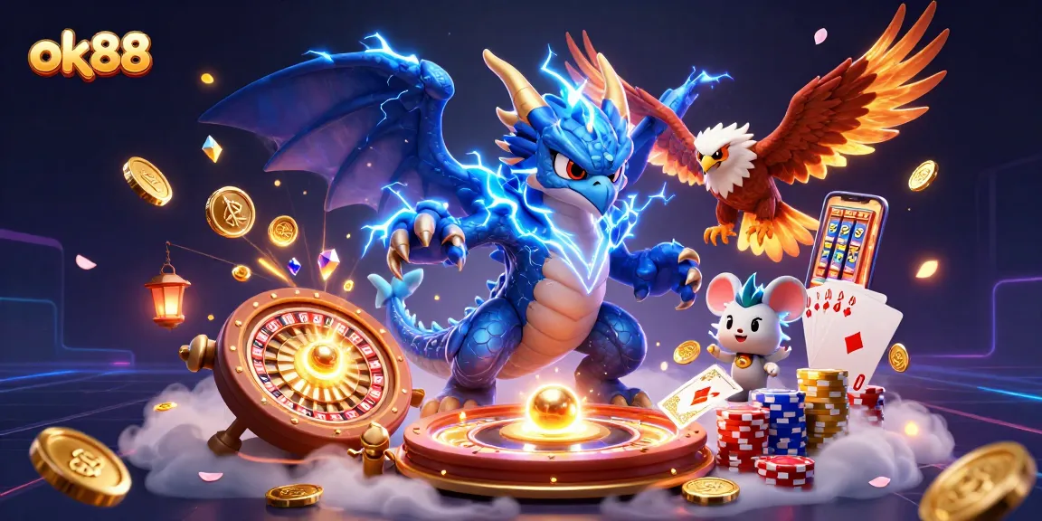 Spin and win with ok88 in a vibrant casino scene featuring a thunder dragon and glowing game elements.