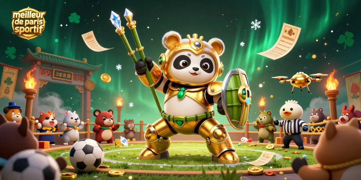 Illustration d'un panda doré en combat avec un robot dans l'arène, mettant en avant le meilleur site de paris sportif.