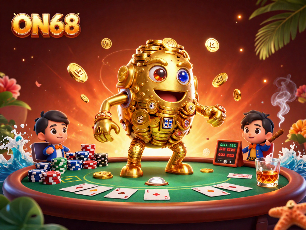Experience winning strategies with ON68's vibrant 3D casino illustration featuring a golden golem and poker elements.