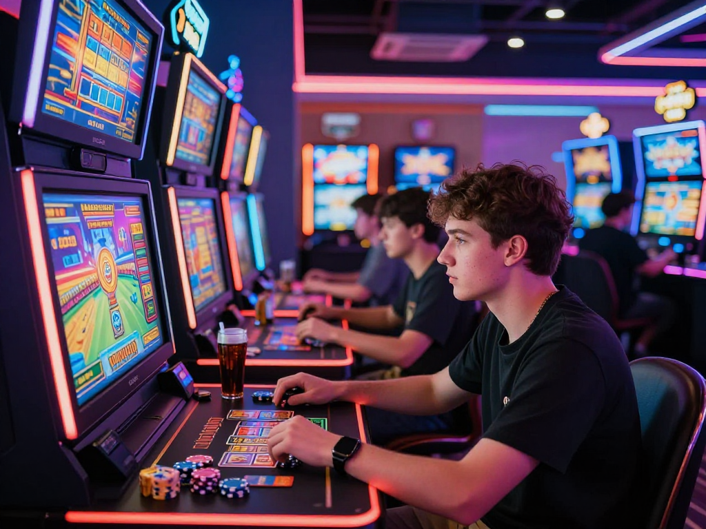 Engaged player at a digital casino focused on slot jackpot machines amid bright neon lights and vibrant graphics.