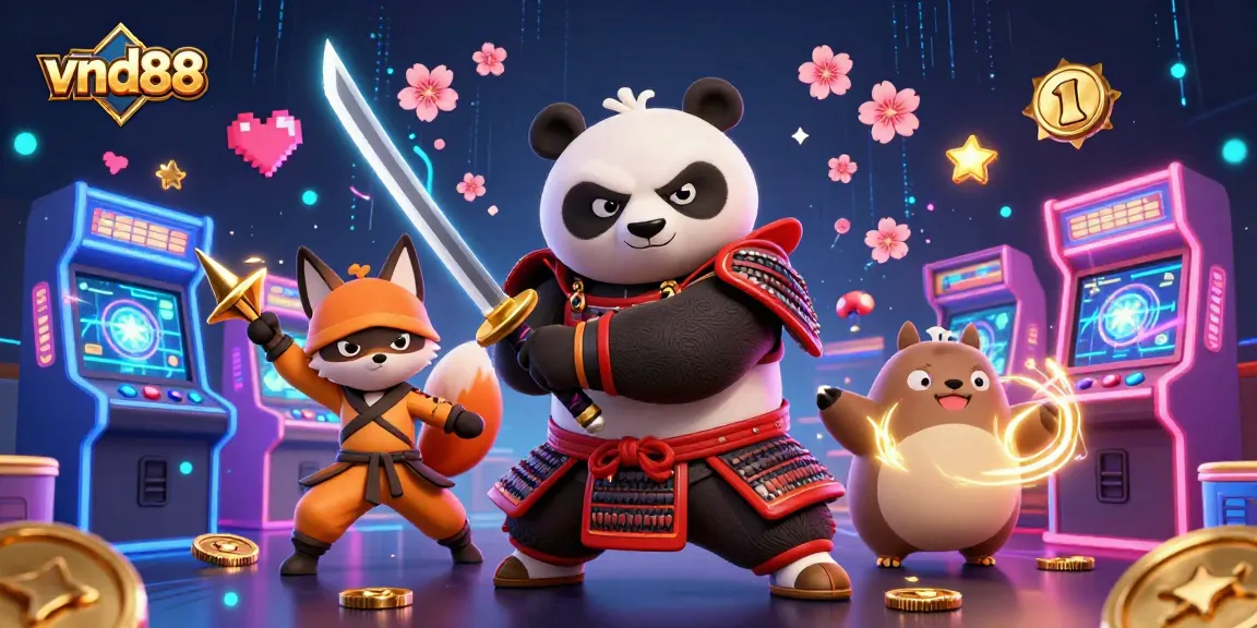 Experience the thrill with vnd88 as the fierce samurai panda and ninja fox battle amidst vibrant casino elements.