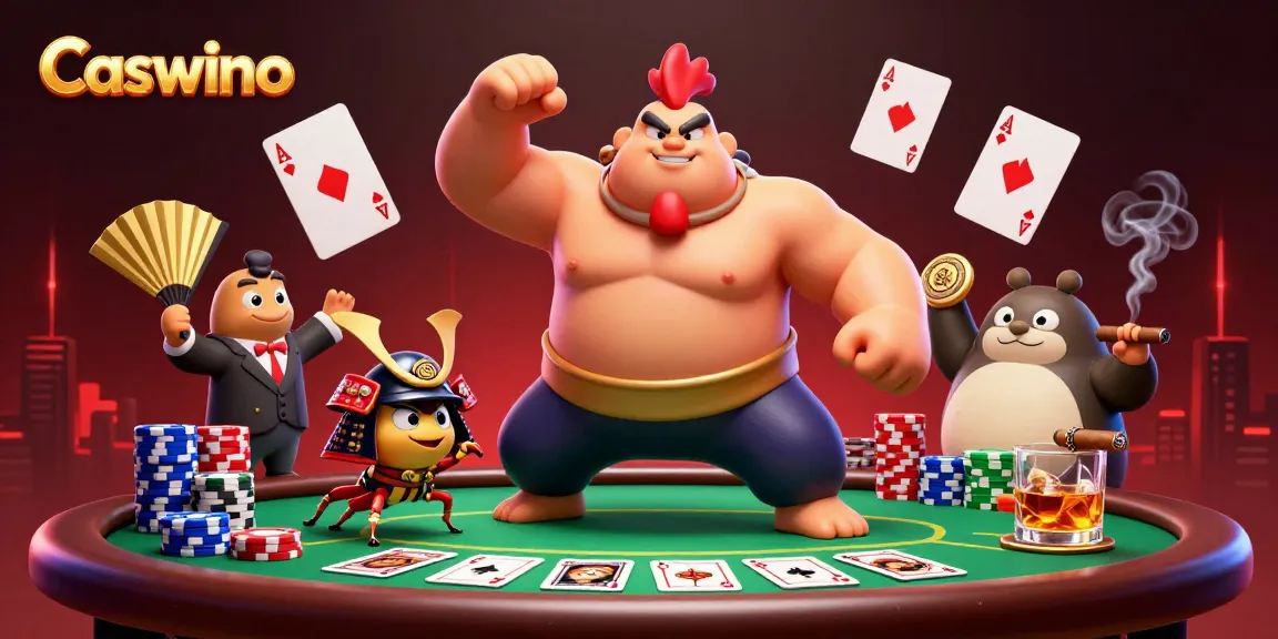 Caswino casino illustration showcasing animated rooster and cricket at a vibrant poker table.
