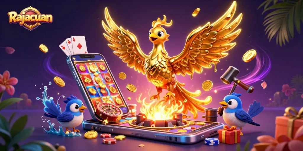 Experience thrilling wins with Rajacuan's golden phoenix and dynamic gaming elements in this vibrant scene