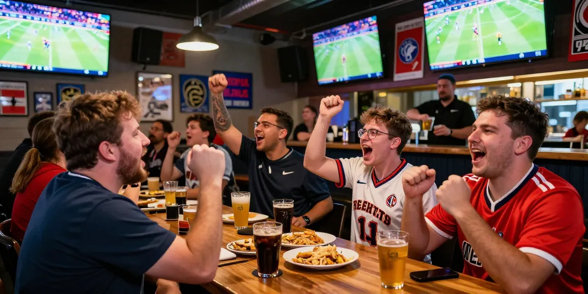 Fans enjoying a live match at شبكة IHD Sports bar, celebrating with snacks and excitement.