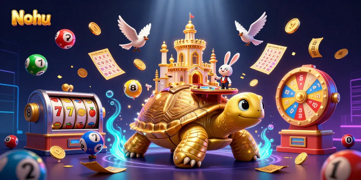 Nohu engages users with an exciting 3D illustration featuring a golden tortoise casino with dynamic game elements enriching the scene.