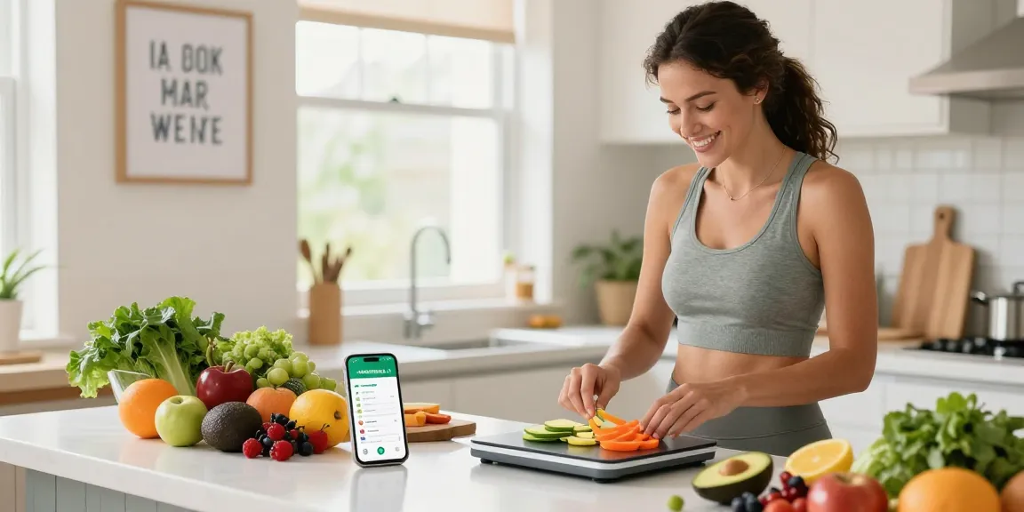 Using the best weight loss app, a woman measures ingredients while cooking healthy meals in a bright kitchen.