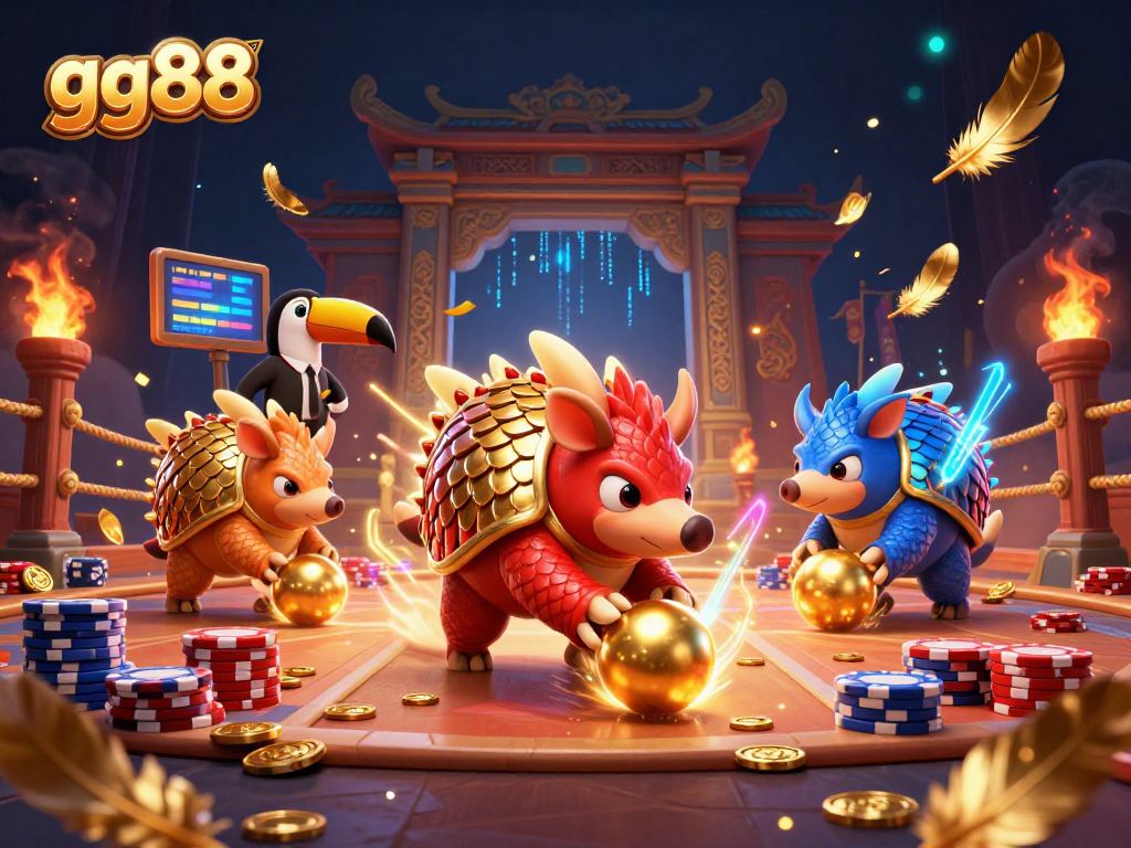 Experience the thrill of gg88's gaming arena with dynamic pangolins competing and lively casino elements.