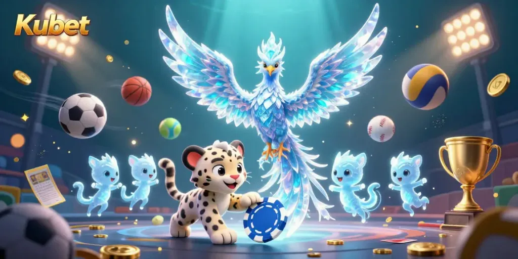 Kubet showcases an enchanting scene with an ice phoenix, snow leopard, sports elements, and vibrant lighting.